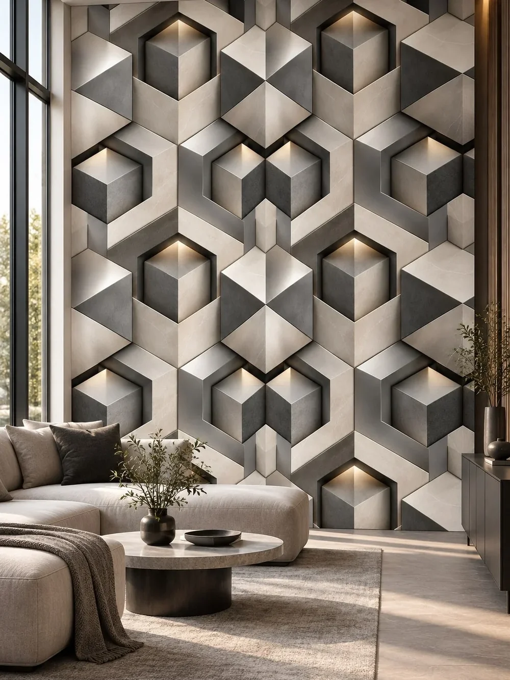 טפט קוביות תלת-ממדיות על קיר בסלון עם ריהוט מודרני בגווני אפור וכסף