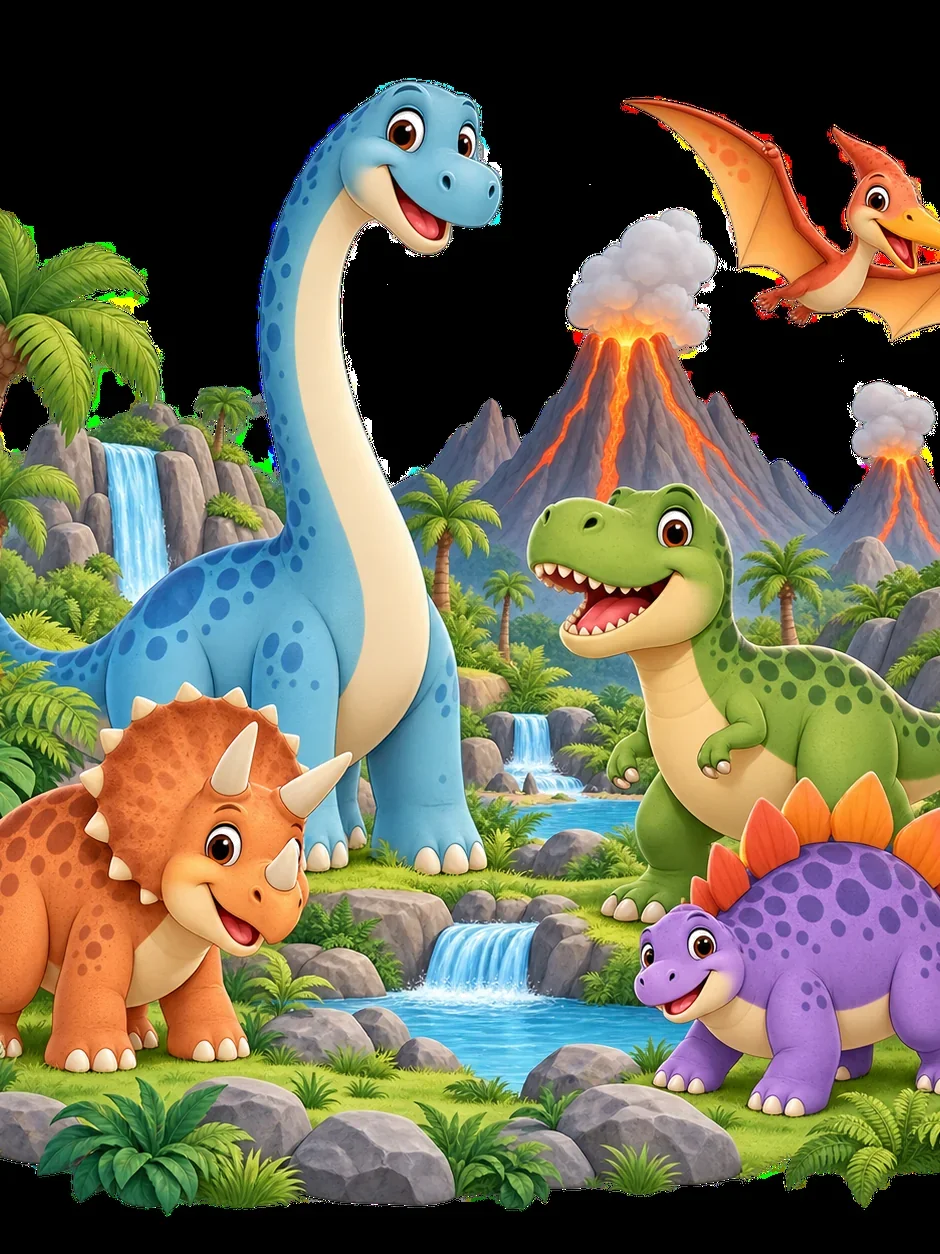 דינוזאורים וולקניים בצבעים חיים