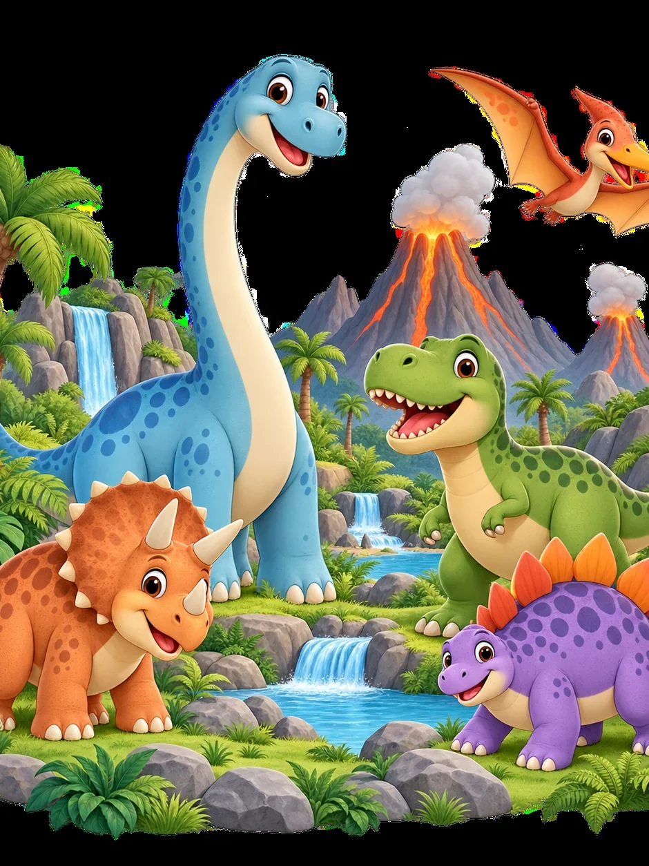 איור של דינוזאורים מצוירים בנוף פרהיסטורי עם הרי געש ומפלים בצבעים כחול, ירוק, כתום וסגול.