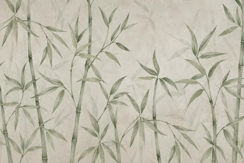 דוגמה חוזרת של גבעולי ועלי במבוק בגווני ירוק על רקע בהיר