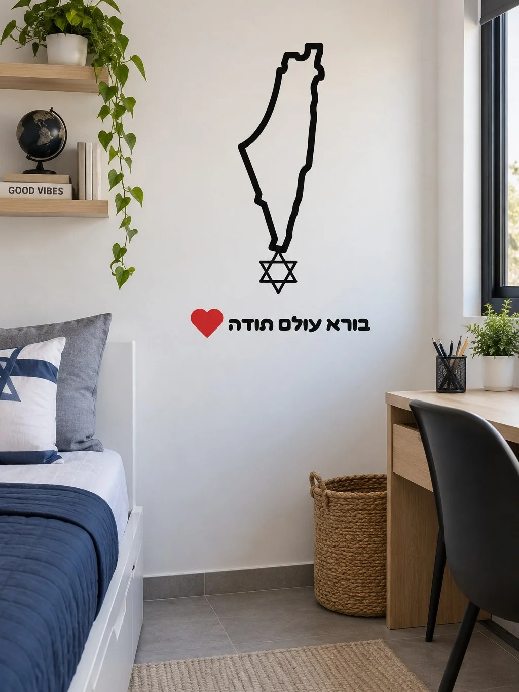מדבקת קו מתאר עם מגן דוד על קיר בחדר מגורים מודרני עם תאורה רכה וספה כהה ברקע.