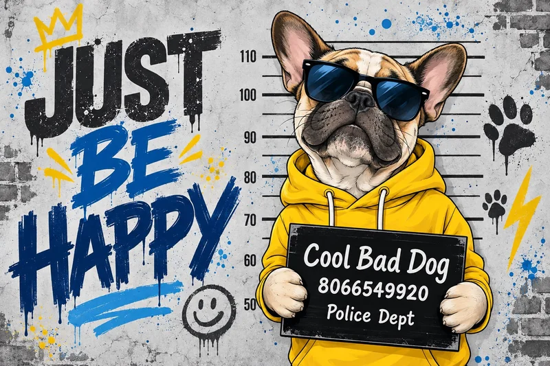 כלב מצויר עם משקפי שמש וקפוצ'ון צהוב, כיתוב 'JUST BE HAPPY' ברקע בצבעים אפור, כחול וצהוב.