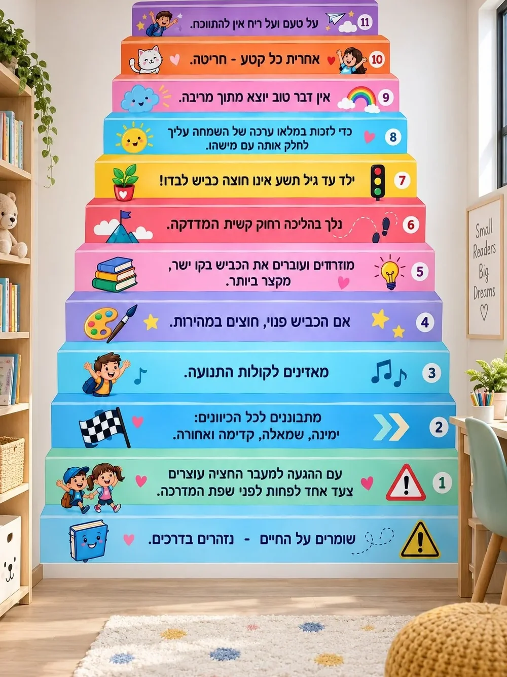 טפט עם מדרגות צבעוניות ואיקונים על קיר בחדר ילדים עם שולחן כתיבה וכיסא צבעוני