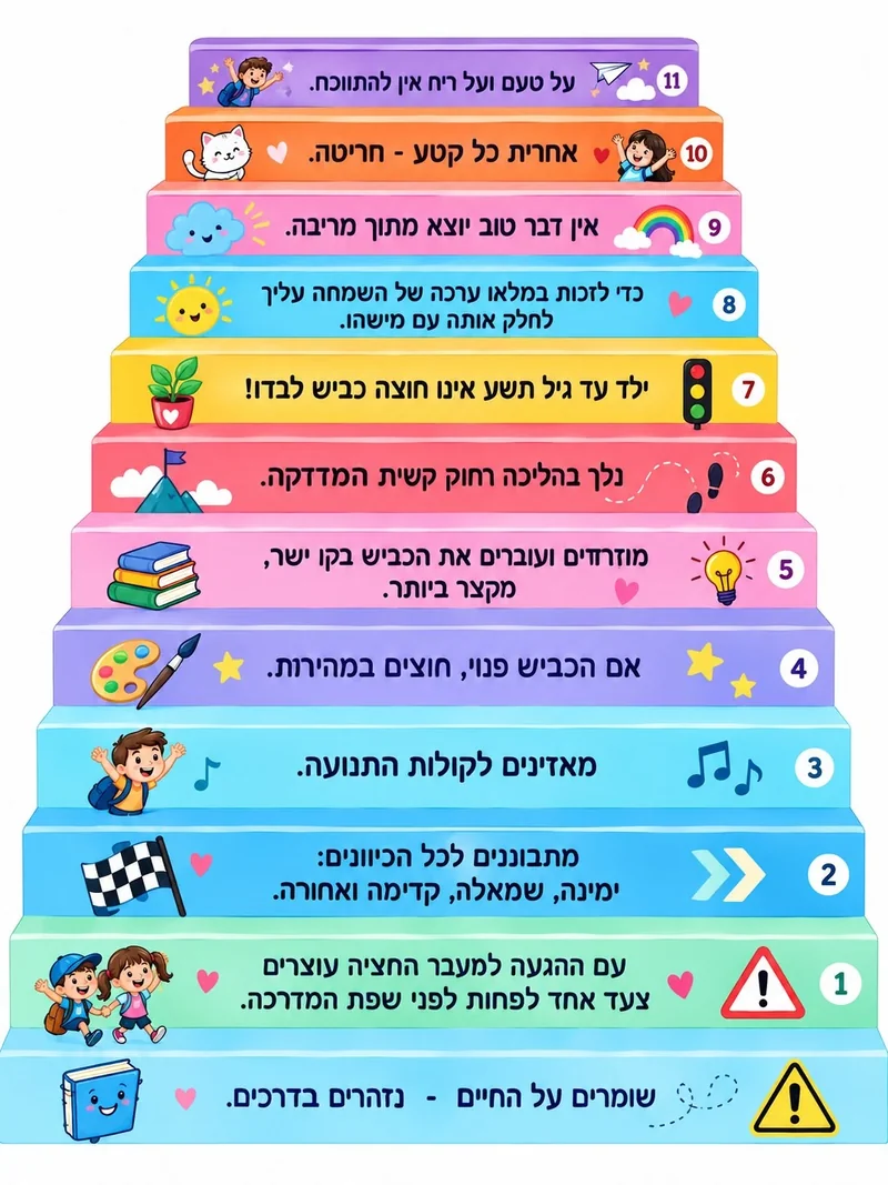 מדרגות עם שלבים צבעוניים וטקסטים, אייקונים של חתול, שמש ותווים מוזיקליים, בצבעים סגול, כתום, כחול, צהוב וורוד.