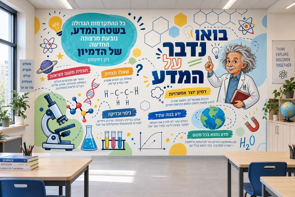 טפט בעיצוב דפוס עדין על קיר בכיתה, עם שולחנות עץ וריהוט מודרני