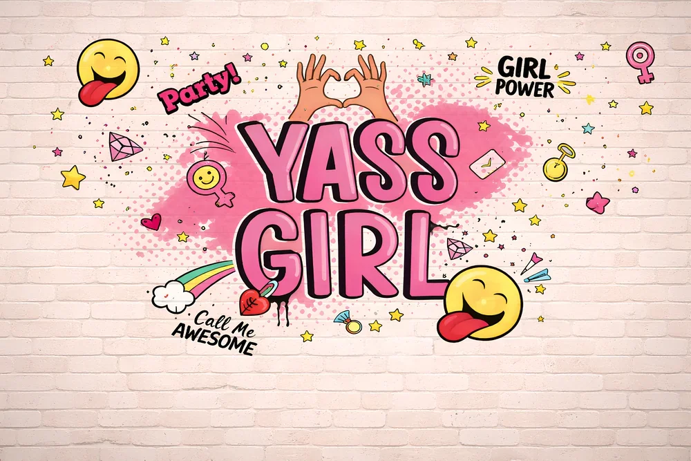 מדבקת 'YASS GIRL' על קיר בחדר צבעוני עם רקע ורוד, סמלים צבעוניים וקשת