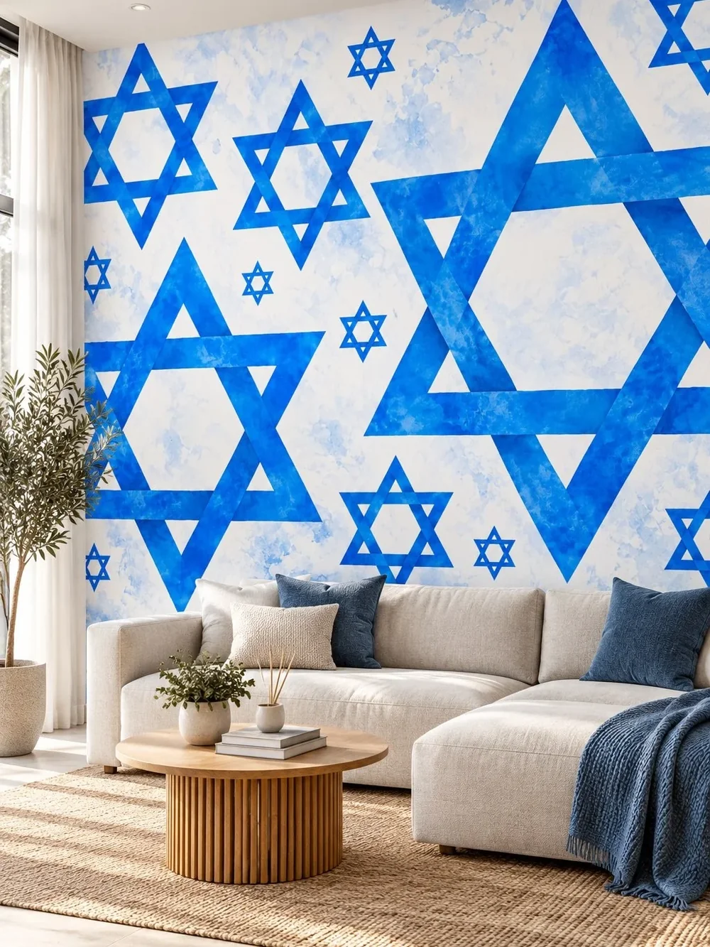 טפט עם כוכבי דוד כחולים על קיר בחדר מעוצב עם ריהוט מודרני ותאורה רכה.