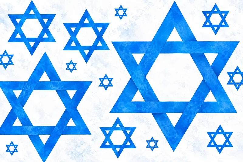 כוכבי דוד כחולים על רקע לבן בעיצוב גיאומטרי פשוט, צבעים כחול ולבן, סגנון מינימליסטי