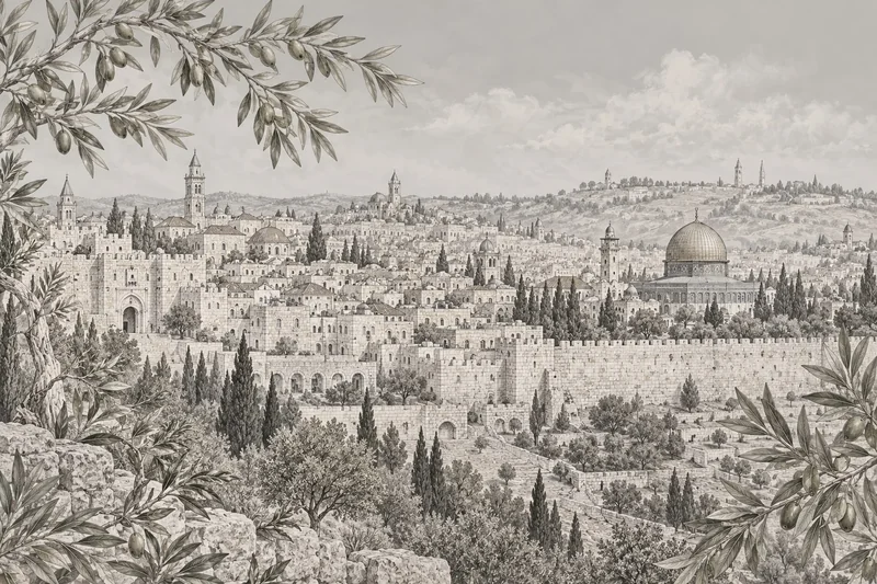 נוף עירוני עם מבנים היסטוריים וכיפה בולטת, מוקפים בענפי זית, בגווני בז' ואפור