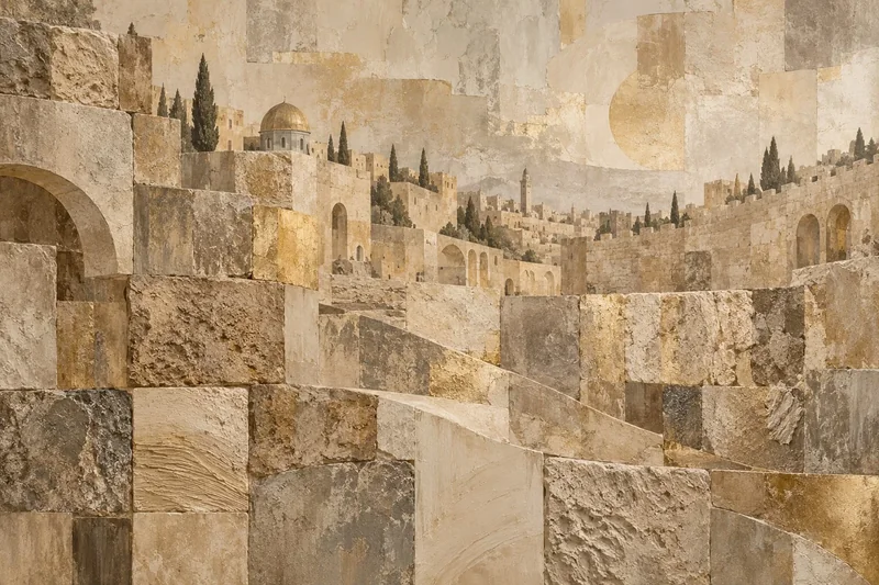 נוף עירוני עתיק עם מבנים מאבן וקשתות בצבעים בג', זהב ואפור בסגנון קולאז'י
