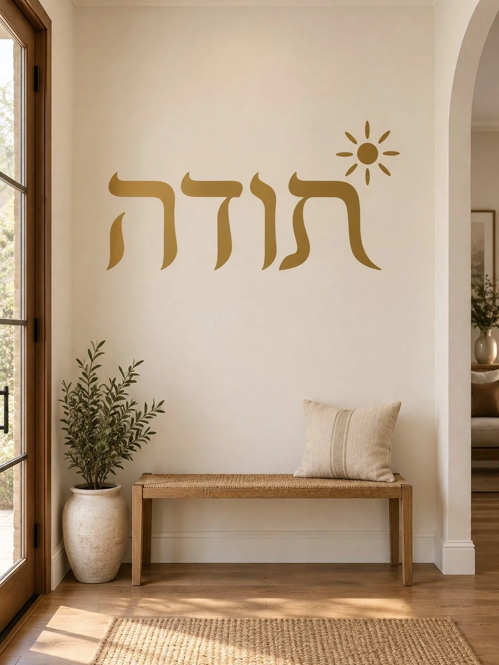 מדבקת טקסט עברי עם שמש על קיר בסלון עם ספה אפורה ותאורה רכה