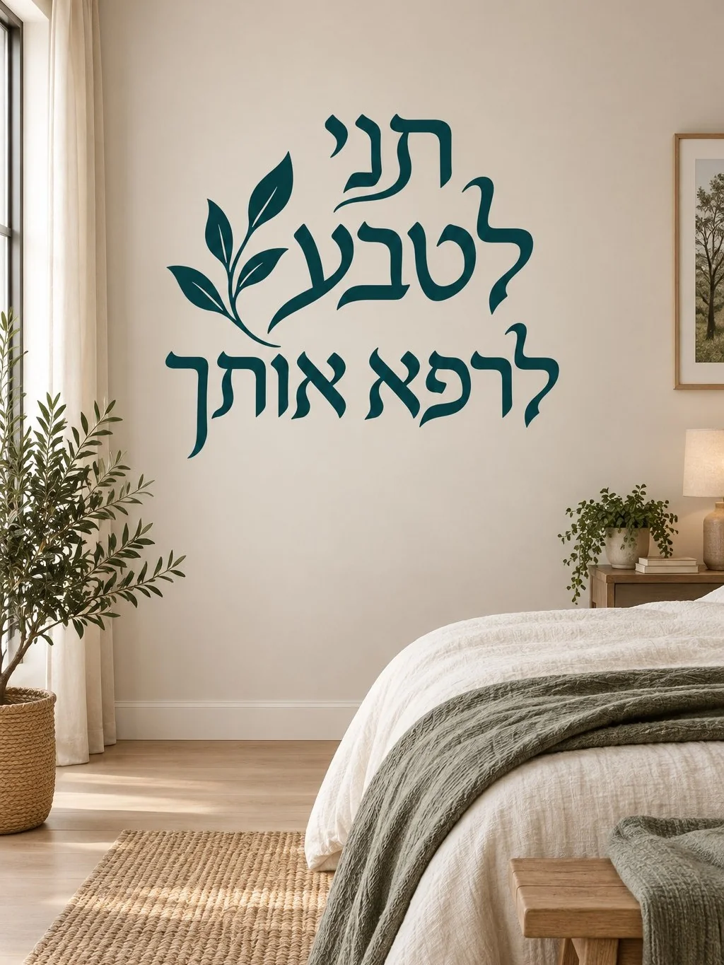 מדבקה עם כתב עברי וענף עלים בחדר עבודה עם שולחן עץ ומנורת קריאה