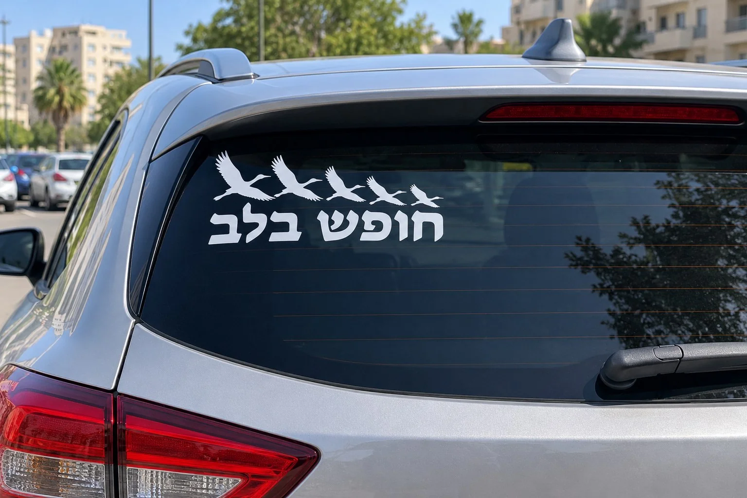 מדבקה עם המילים 'חופש בלב' וצלליות ציפורים על שמשה אחורית של רכב שחור ברחוב עירוני.