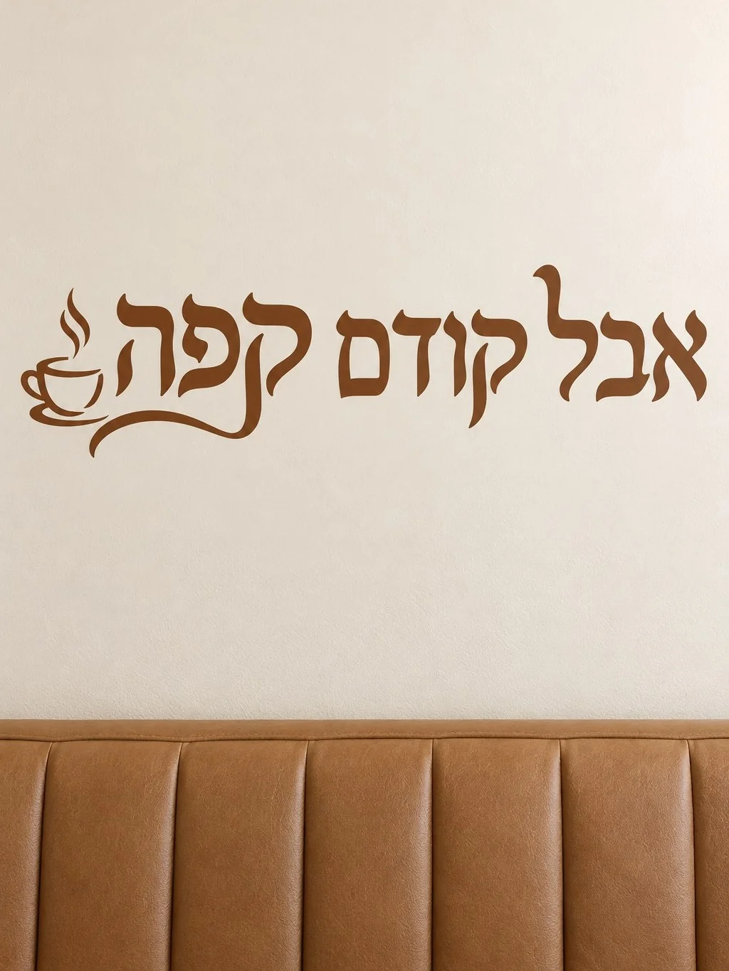 מדבקה עם כוס קפה שחור ואדים על קיר במשרד מודרני עם תאורה עדינה וריהוט עץ בהיר.