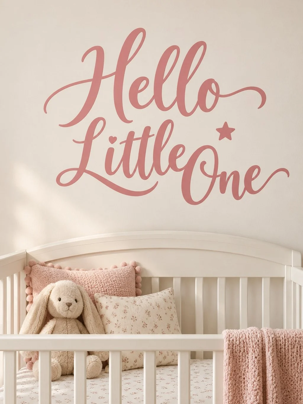 מדבקה עם הכיתוב 'Hello Little One' על קיר בחדר ילדים עם מיטה לבנה וצעצועים צבעוניים.