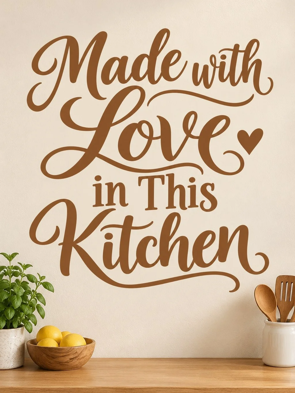 מדבקת כיתוב 'Made with Love in This Kitchen' על קיר במטבח מודרני עם משטחי עבודה לבנים ותאורה רכה.