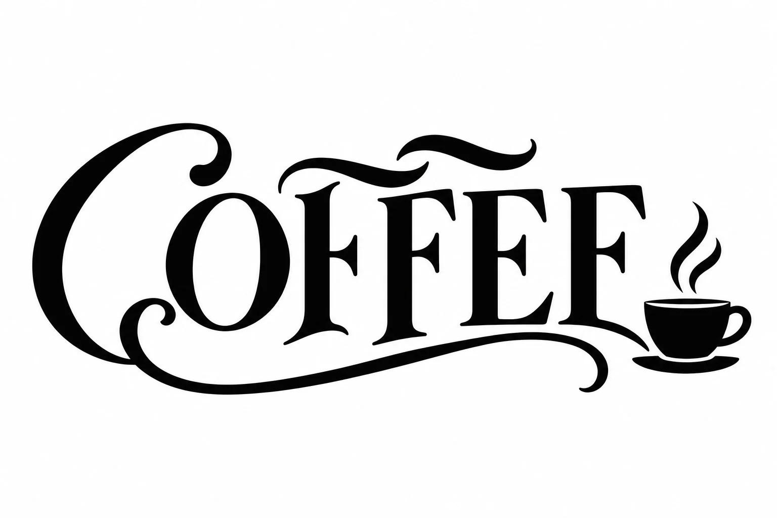 המילה 'COFFEE' באותיות שחורות עם כוס קפה קטנה ואדים בצד ימין, עיצוב מונוכרומטי.