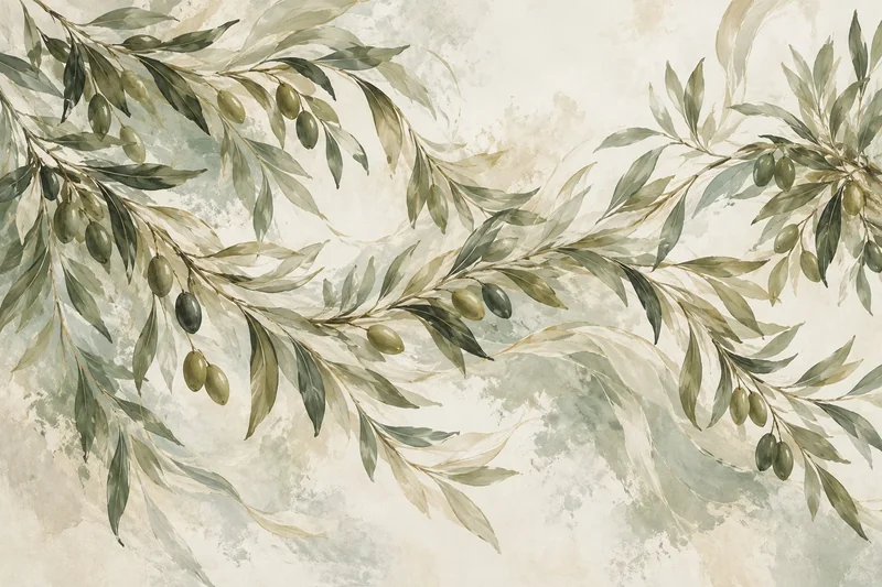 ענפי זית ירוקים עם עלים וגרגירים על רקע טקסטורה עדינה בגווני ירוק ובז'