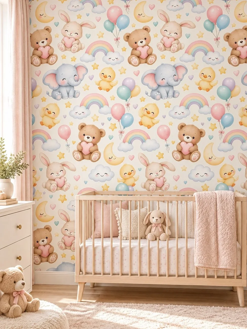 חיות חמודות כמו דובים וארנבים עם קשתות ובלונים בצבעים פסטליים