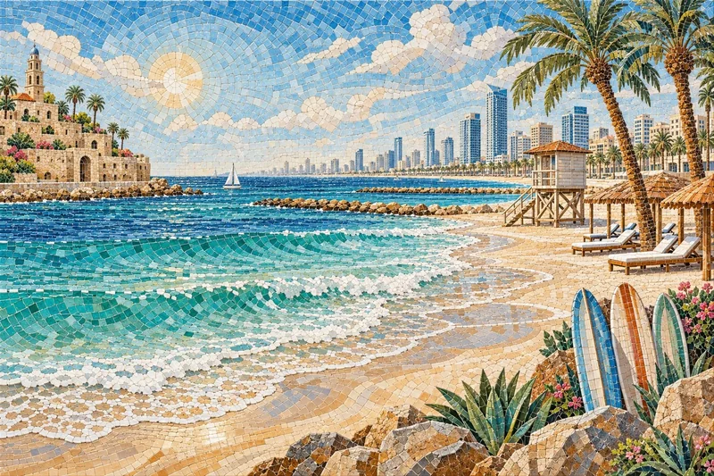 עיצוב חוף ים עם עצי דקל וגלשנים, רקע גורדי שחקים ושמש זורחת, צבעי כחול ובז'