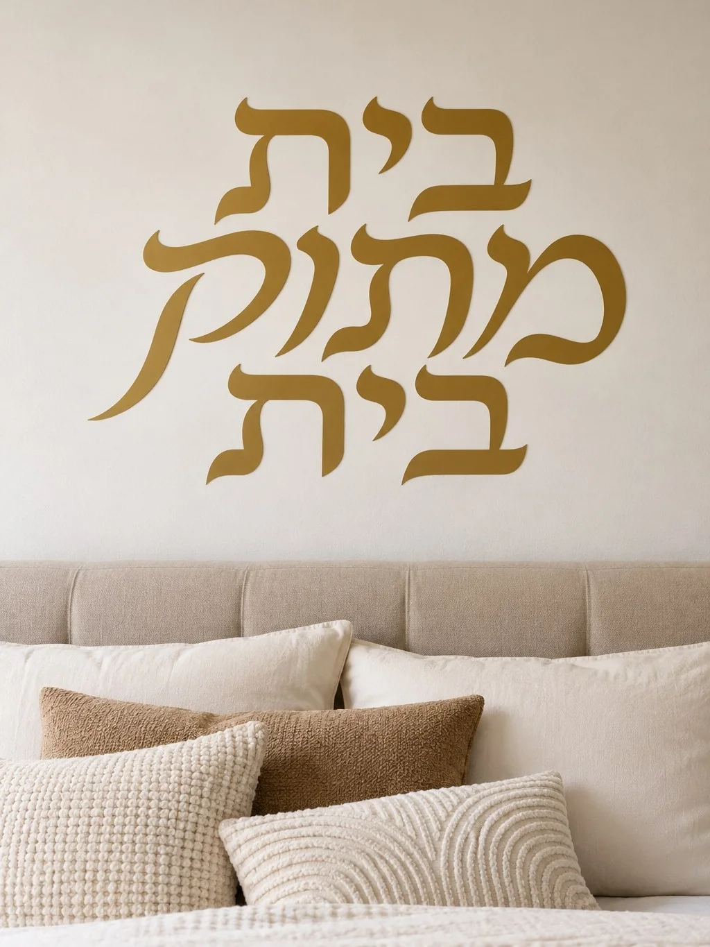 מדבקה עם קליגרפיה עברית על קיר בחדר מודרני עם ריהוט מינימליסטי וגוונים נייטרליים