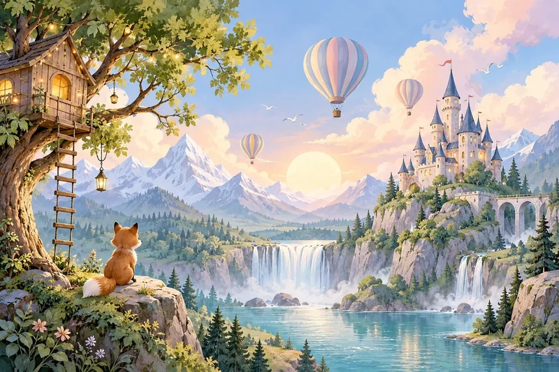 שועל על סלע מול נוף פנטזיה עם בית עץ, כדורים פורחים, טירה ומפלים בצבעי פסטל עדינים