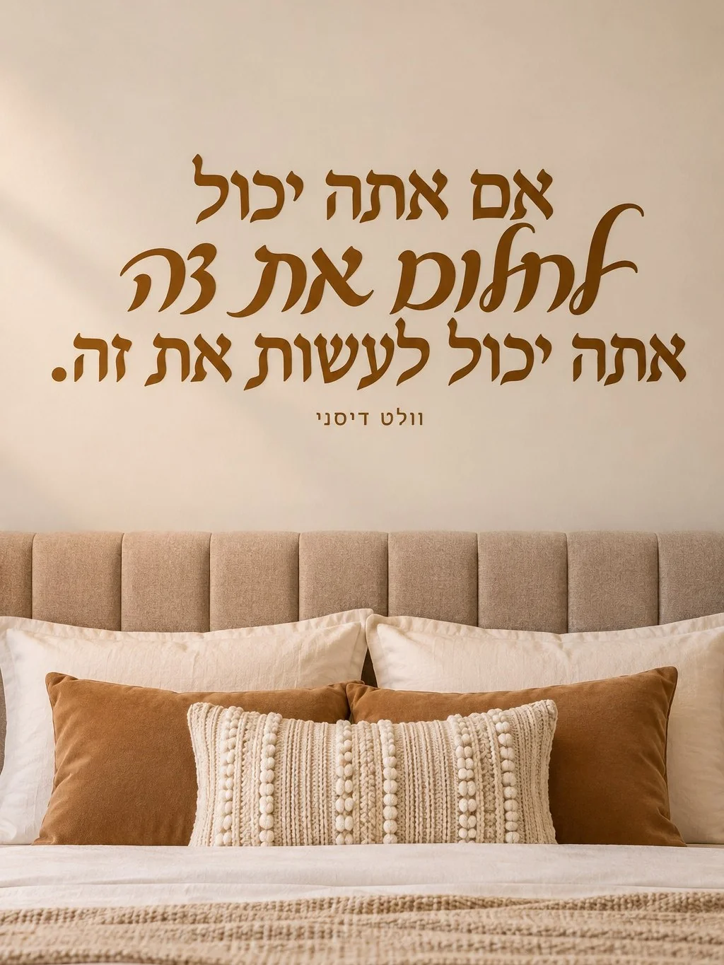 מדבקה עם טקסט עברי שחור על קיר לבן בחדר מודרני עם תאורה טבעית ורהיטים מעץ בהיר.
