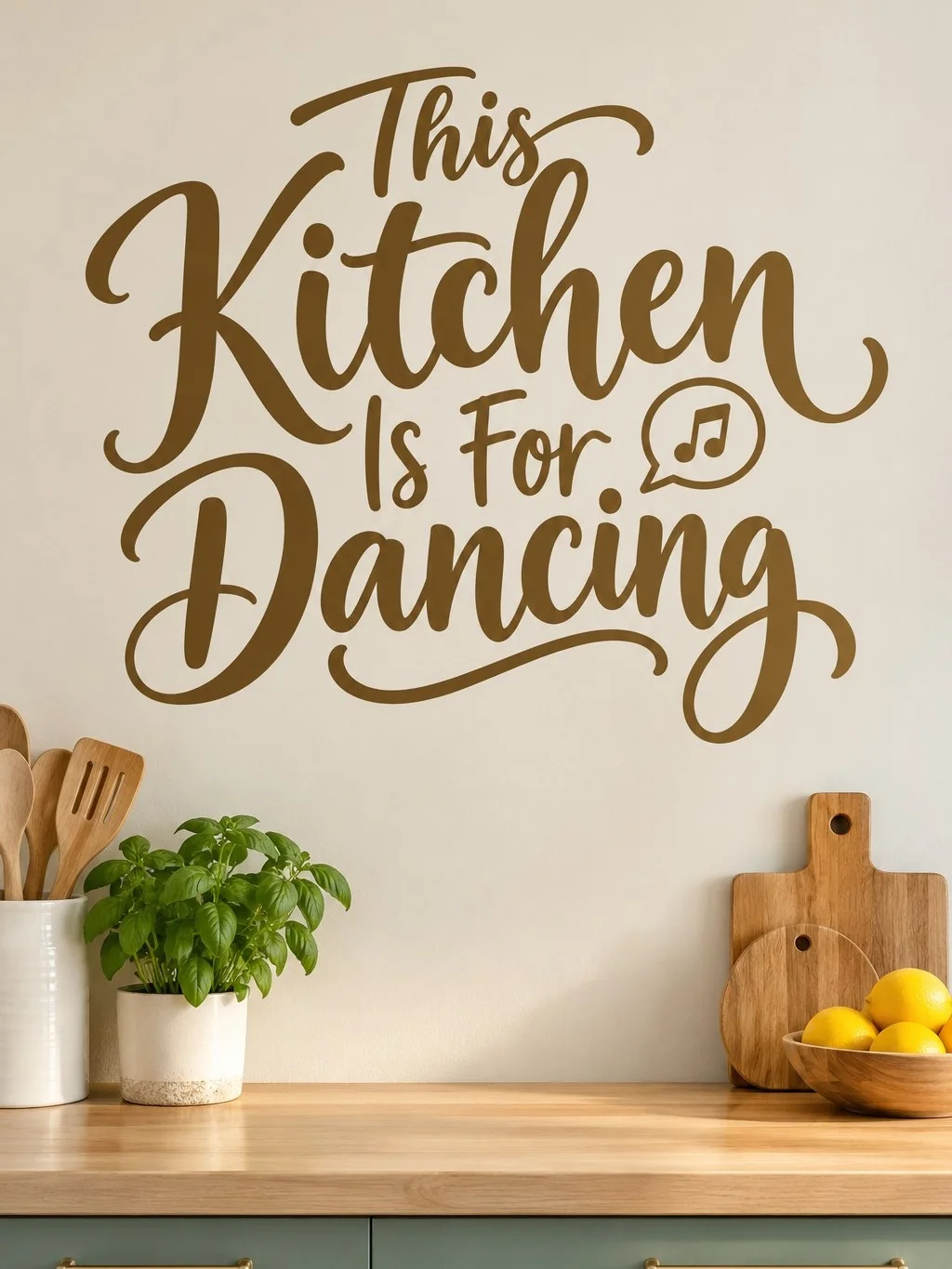 מדבקת 'This Kitchen Is For Dancing' על קיר במטבח מודרני עם משטחי עבודה לבנים ותאורה חמימה.