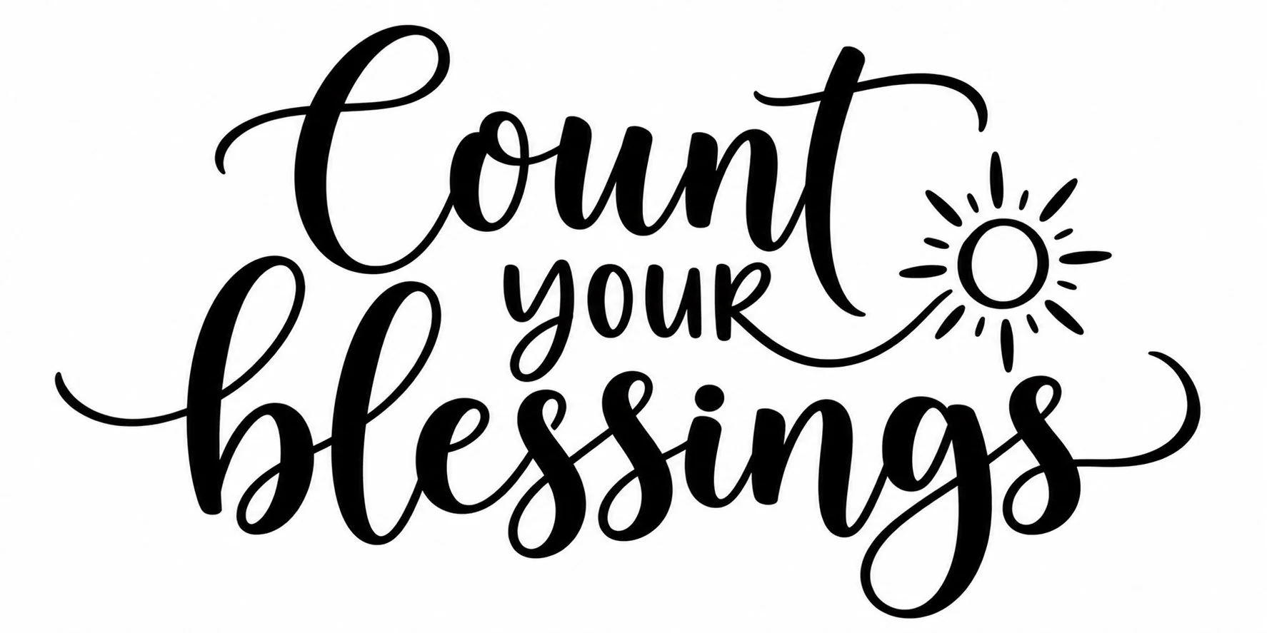 מדבקה עם הכיתוב 'Count your blessings' בכתב שחור אלגנטי ואיור שמש פשוט, עיצוב מינימליסטי.