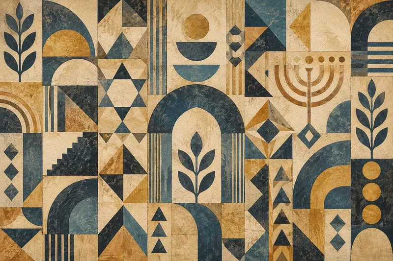 עיצוב גיאומטרי עם קשתות, משולשים ועלים בצבעי כחול, בז' וזהב.