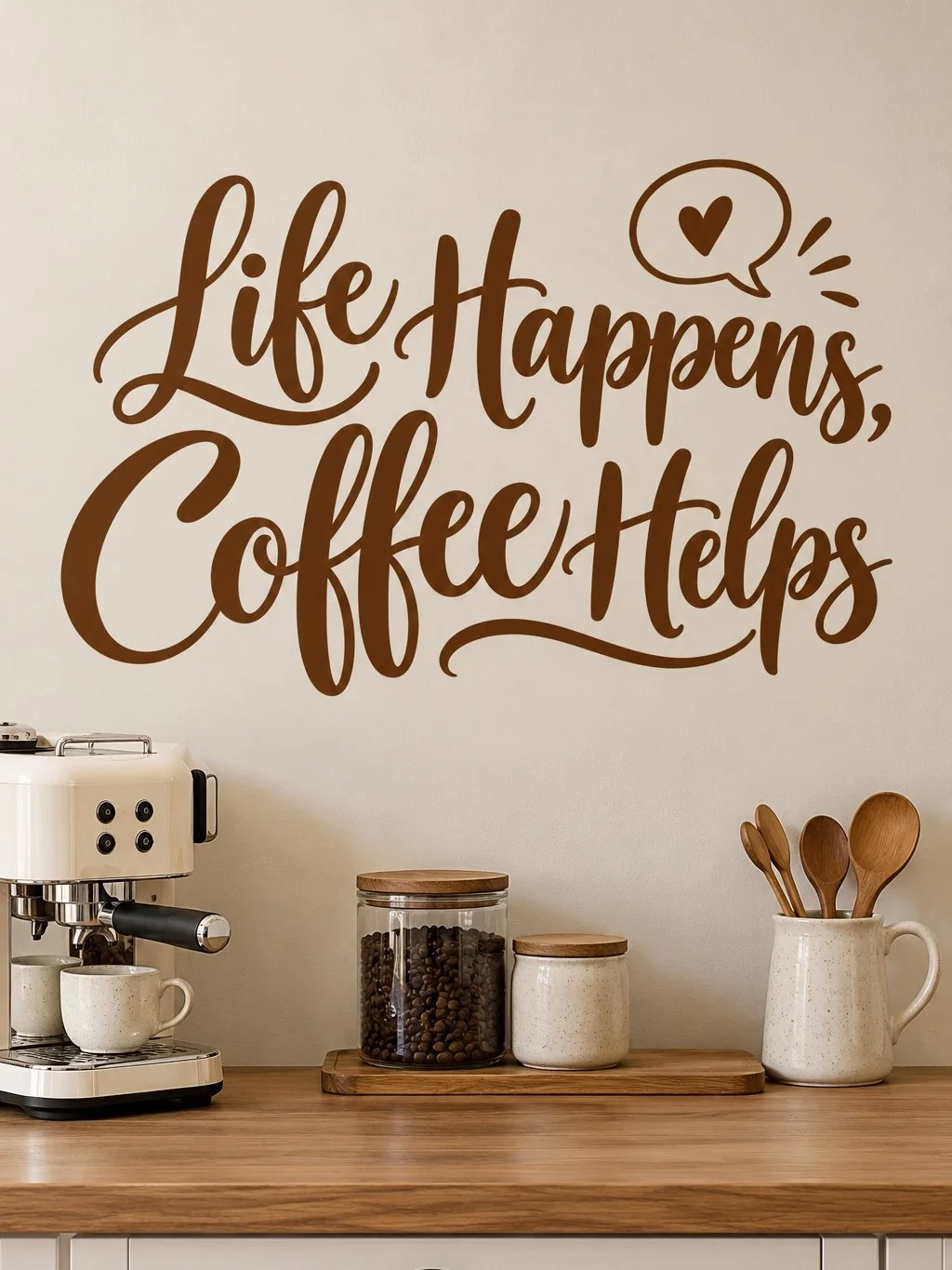 מדבקה עם הכיתוב 'Life Happens, Coffee Helps' על קיר במשרד עם שולחן עץ וכיסא מעוצב.