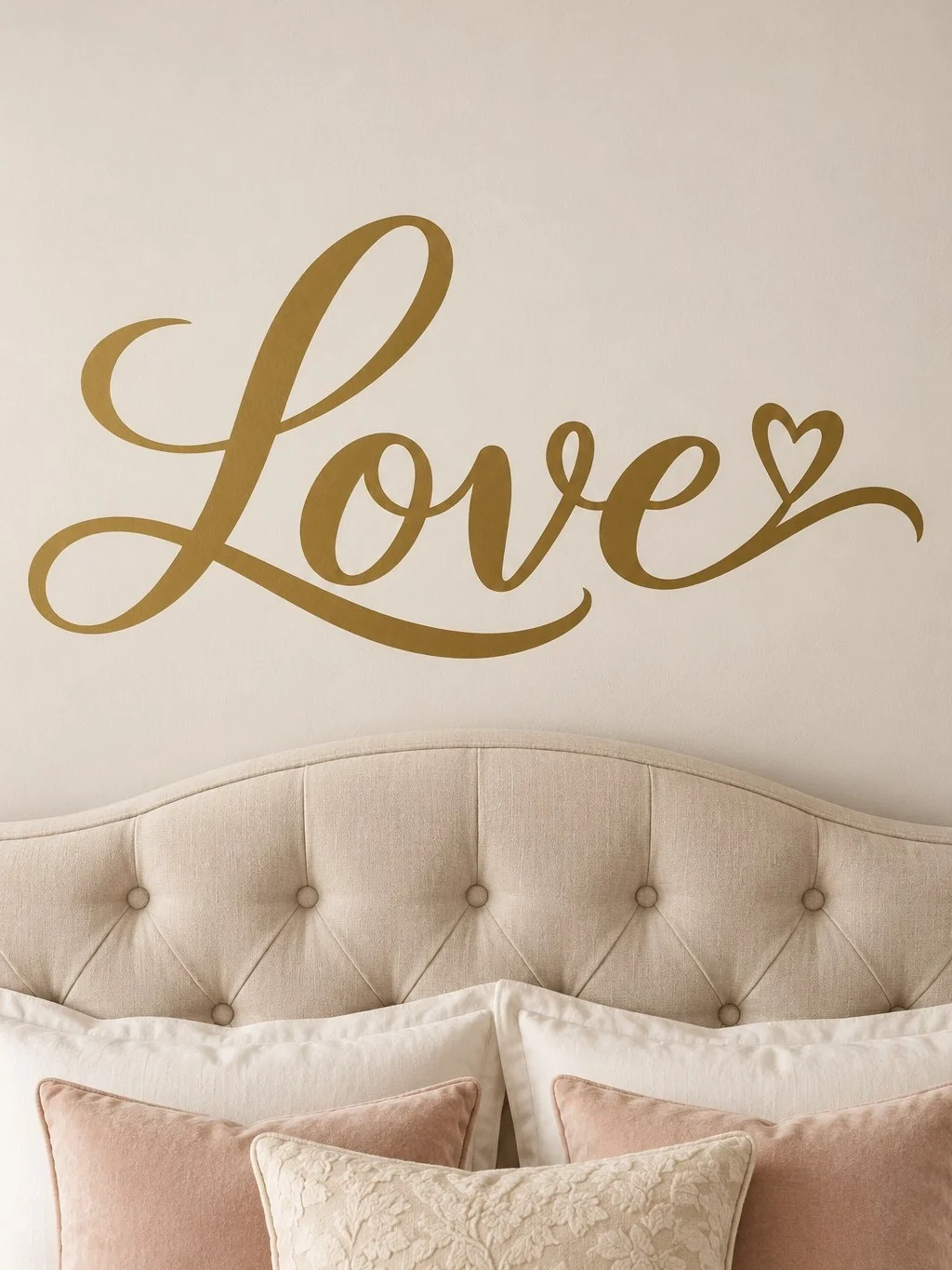 מדבקת 'Love' בשחור על קיר בחדר מגורים עם ריהוט מודרני ותאורה רכה.