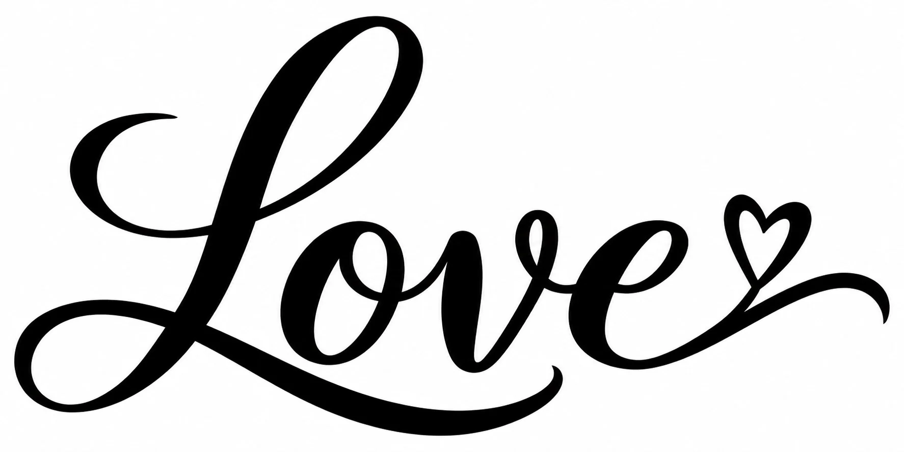המילה 'Love' בכתב יד שחור עם לב משתלב באות 'e', סגנון מינימליסטי ומונוכרומטי.