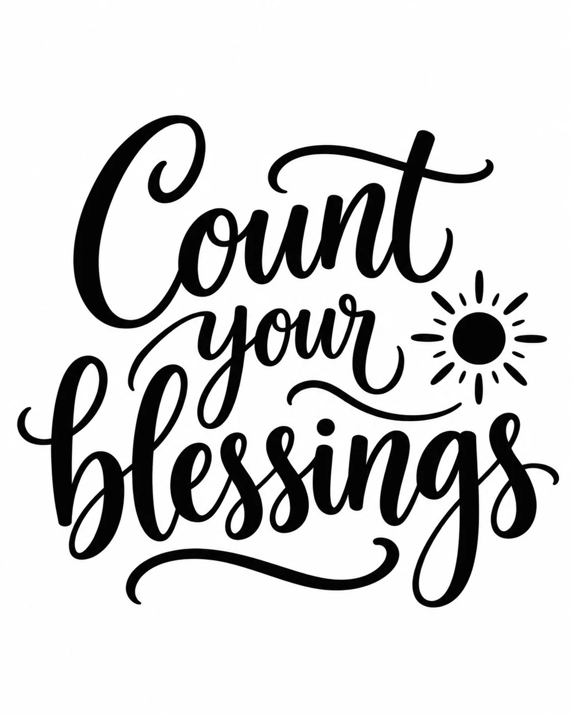 מדבקה עם המשפט 'Count your blessings' בכתב שחור אלגנטי ואייקון שמש קטן על רקע לבן