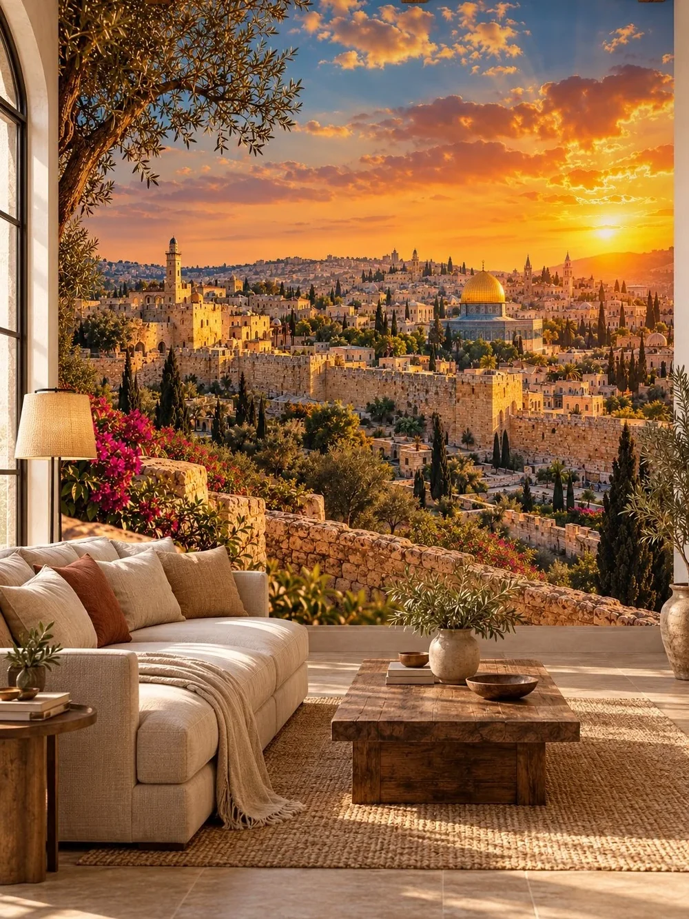 טפט נוף ירושלים עם כיפת זהב על קיר בחדר עם ריהוט עץ ושטיח צבעוני
