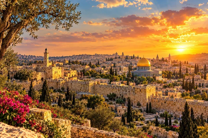 נוף עירוני עם כיפה זהובה ומבנים עתיקים באור זהב וכתום