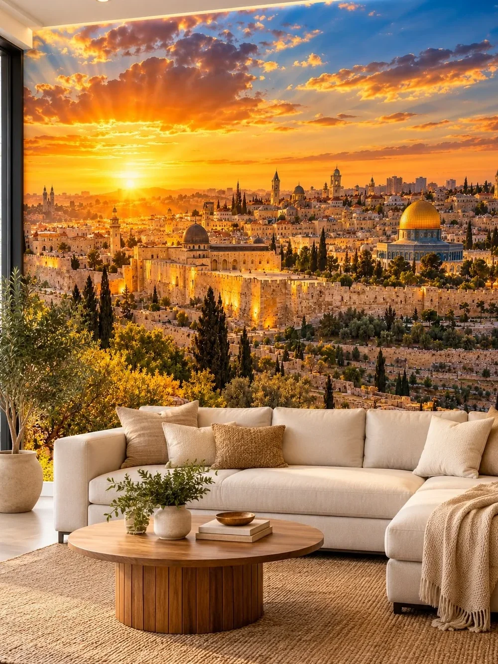 טפט עיר עתיקה בירושלים על קיר בחדר מגורים עם כורסאות כהות ושולחן זכוכית.